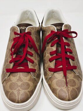 COACH High Line Signature Canvas Low Top Sneakers Brown Khaki Red Lace Women 10B